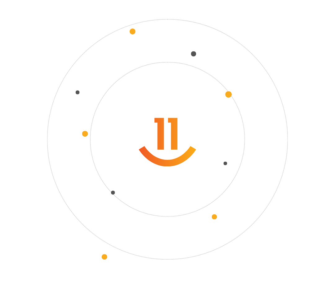 Abstract orange logo with number 11 on black background.